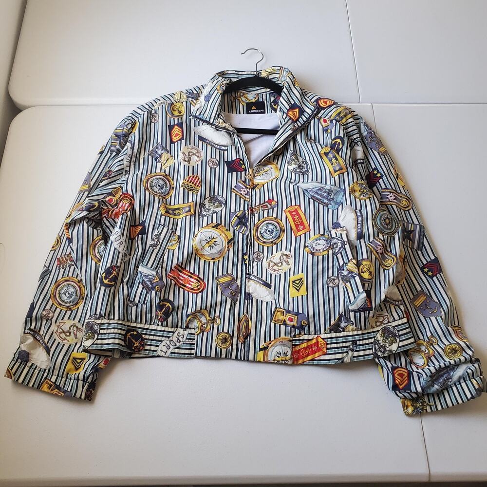 Liz Sport Jacket Womens Large Multicolor Nautical Print Striped Windbreaker